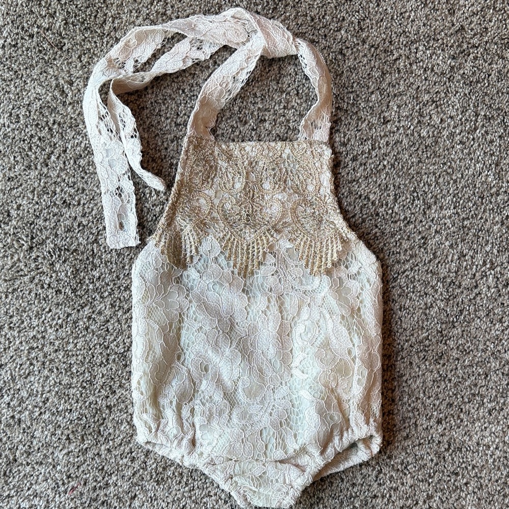 Boutique | Ivory Lace Baby Romper with Crochet Yoke
